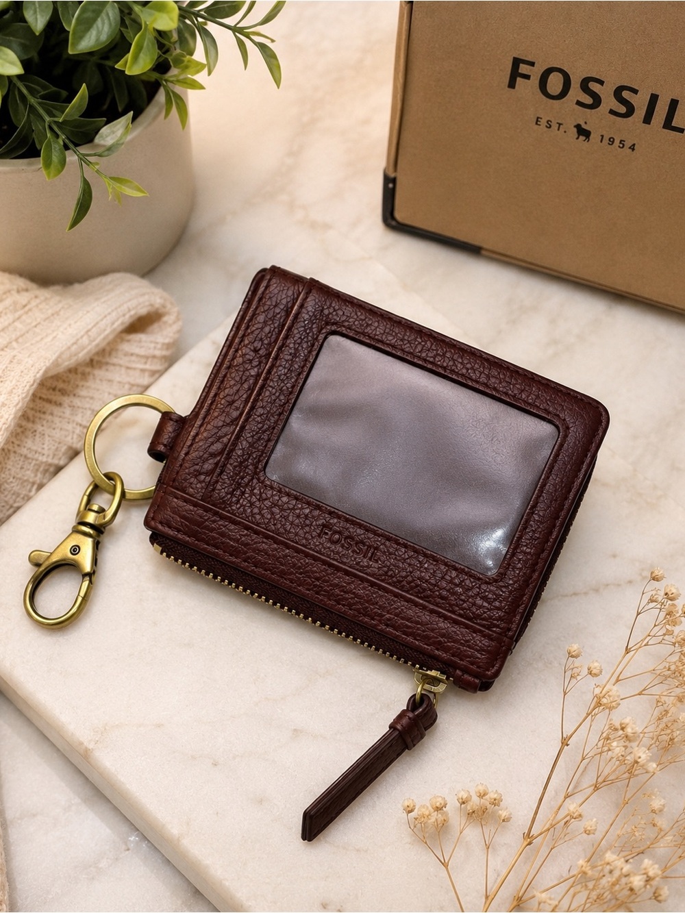 Fossil Brown Pebbled Leather Zip Wallet Card Case Keychain ID Holder